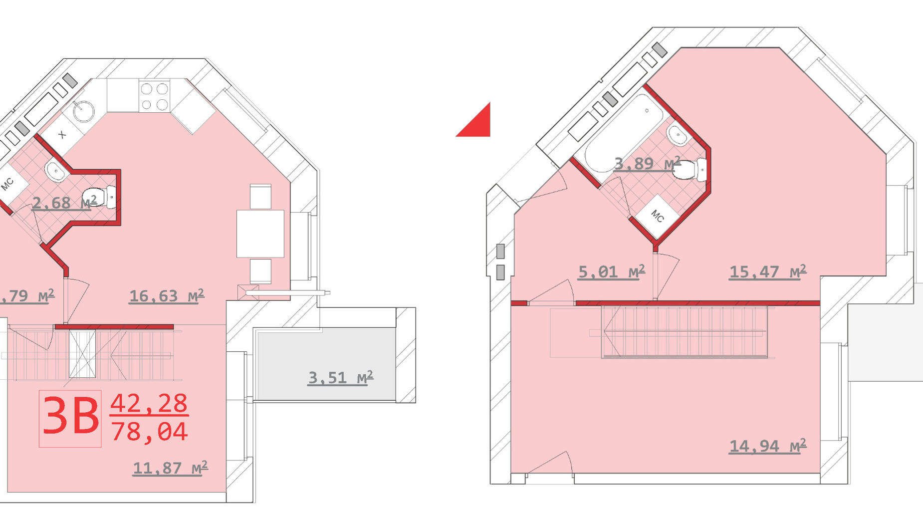 Планировка много­уровневой квартиры в ЖК Новый дом Котлова 78.04 м², фото 286674