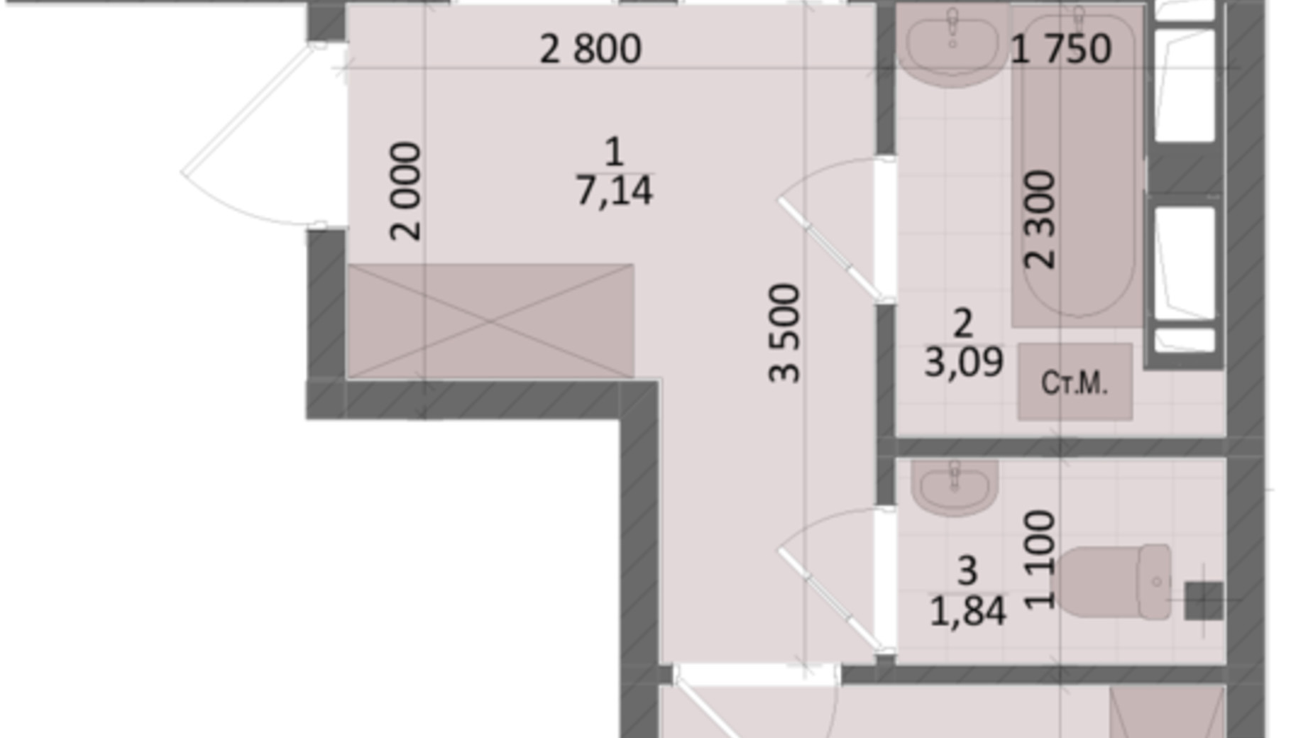 Планировка 2-комнатной квартиры в ЖК Дом на Подоле 63.45 м², фото 286735