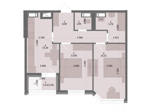 ЖК Дом на Подоле: планировка 2-комнатной квартиры 58.16 м²