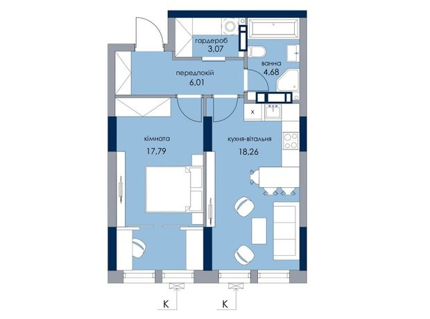 ЖК Новий Автограф: планування 1-кімнатної квартири 51.71 м²