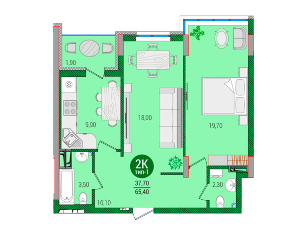 ЖК Q-smart: планировка 2-комнатной квартиры 65.5 м²