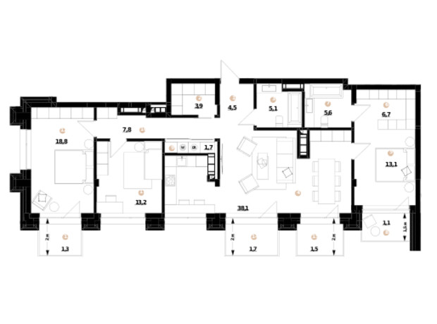 ЖК Doma Trabotti: планування 3-кімнатної квартири 124.1 м²