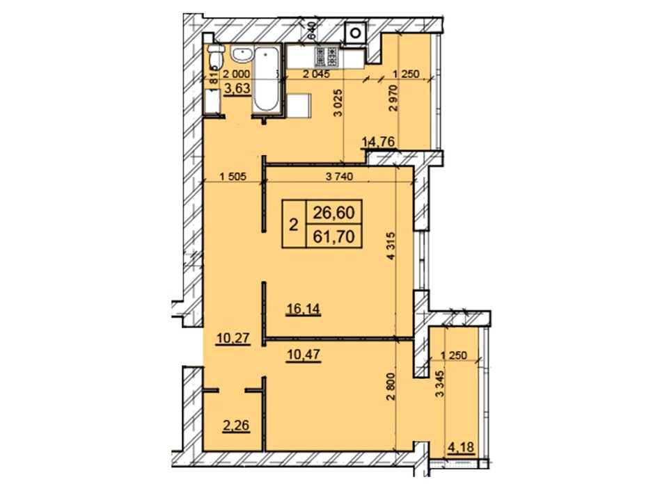 Планировка 2-комнатной квартиры в ЖК Дом 3 61.7 м², фото 287235 Планировка 2-комнатной квартиры в ЖК Дом 3 61.7 м², фото 287235