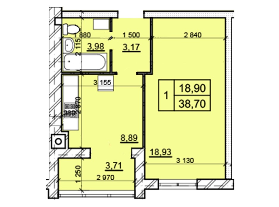 Планировка 1-комнатной квартиры в ЖК Дом 3 38.7 м², фото 287236 Планировка 1-комнатной квартиры в ЖК Дом 3 38.7 м², фото 287236