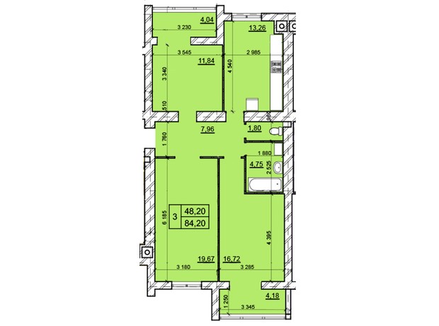 ЖК Дом 3: планировка 3-комнатной квартиры 84.2 м²