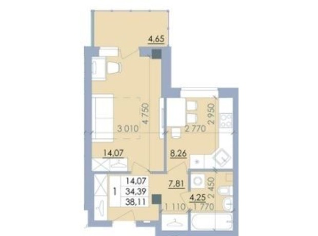 ЖК Пелюстковий: планування 1-кімнатної квартири 38.11 м²