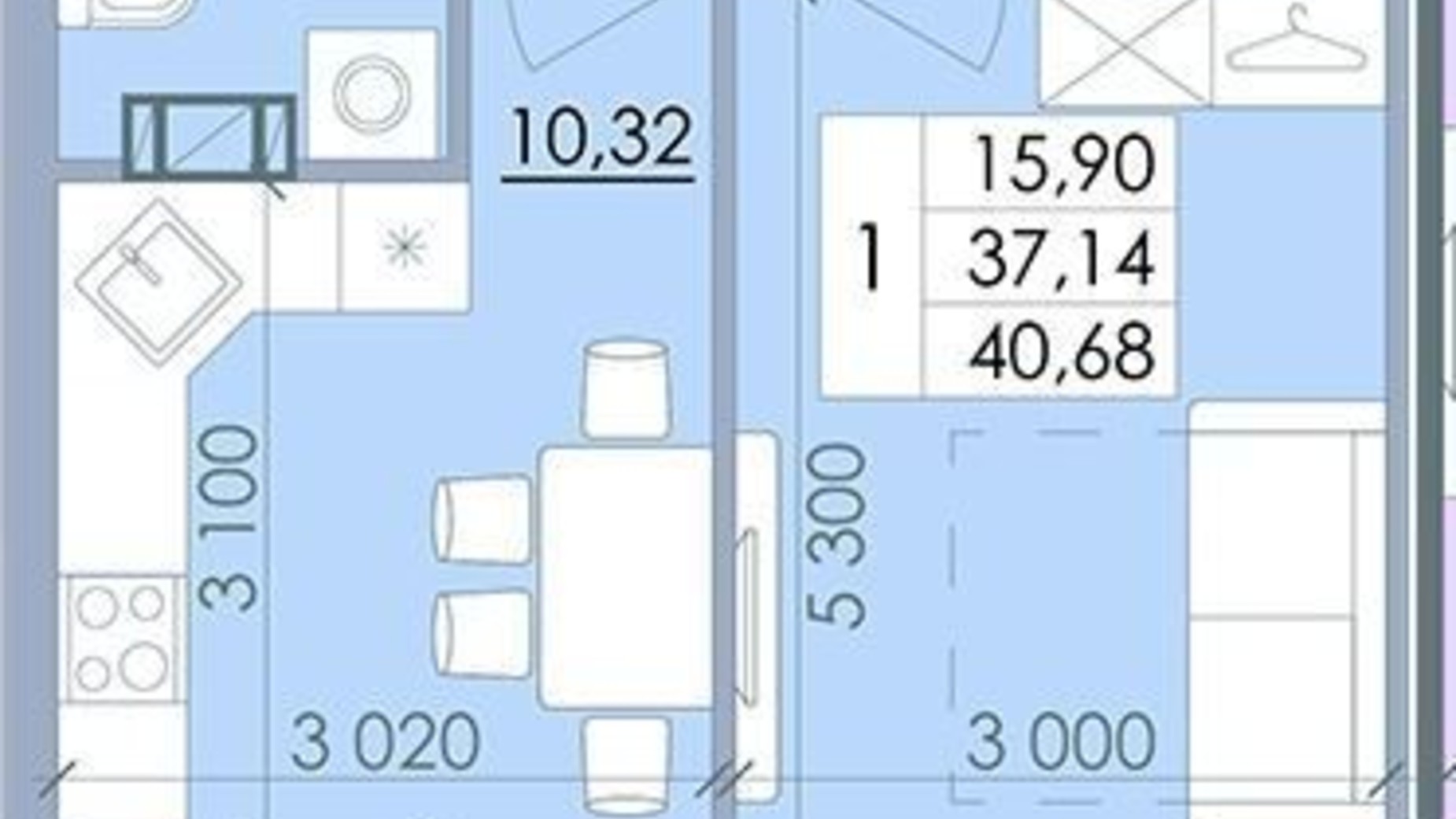 Планировка 1-комнатной квартиры в ЖК Пелюстковий 40.68 м², фото 287326