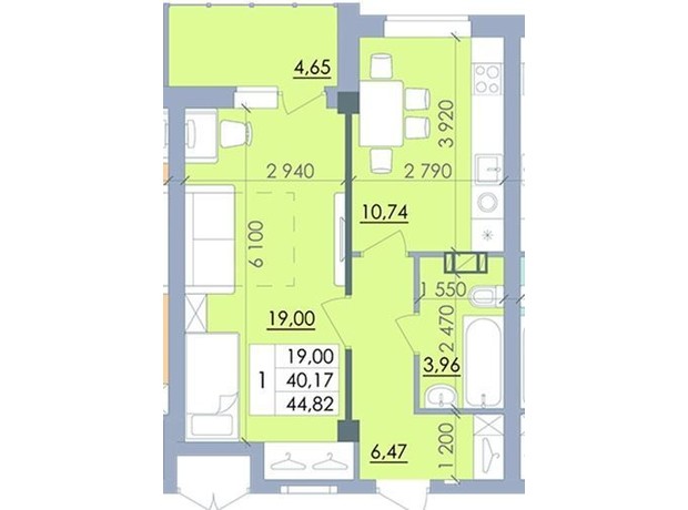 ЖК Пелюстковий: планировка 1-комнатной квартиры 44.82 м²