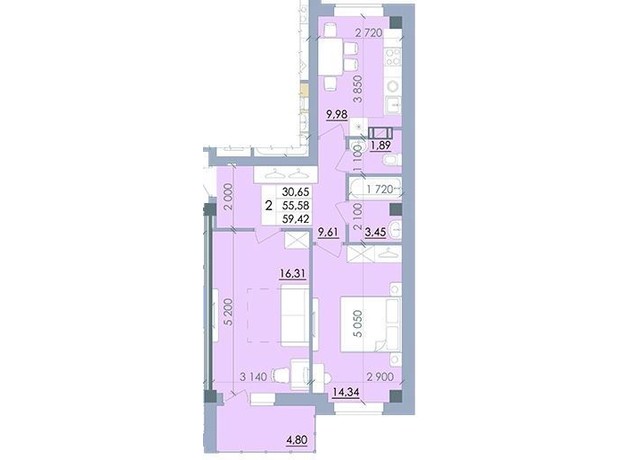 ЖК Пелюстковий: планування 2-кімнатної квартири 59.42 м²