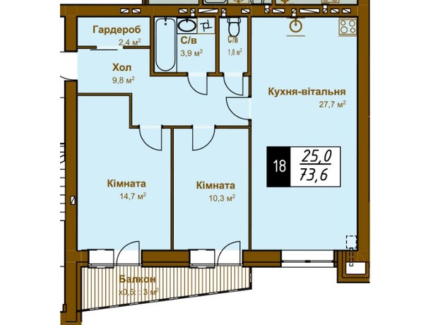 ЖК Традиция: планировка 2-комнатной квартиры 73.6 м²