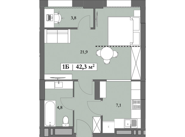 ЖК Lagom: планування 1-кімнатної квартири 44.7 м²