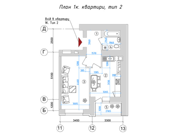 ЖК Світанок: планировка 1-комнатной квартиры 39.86 м²