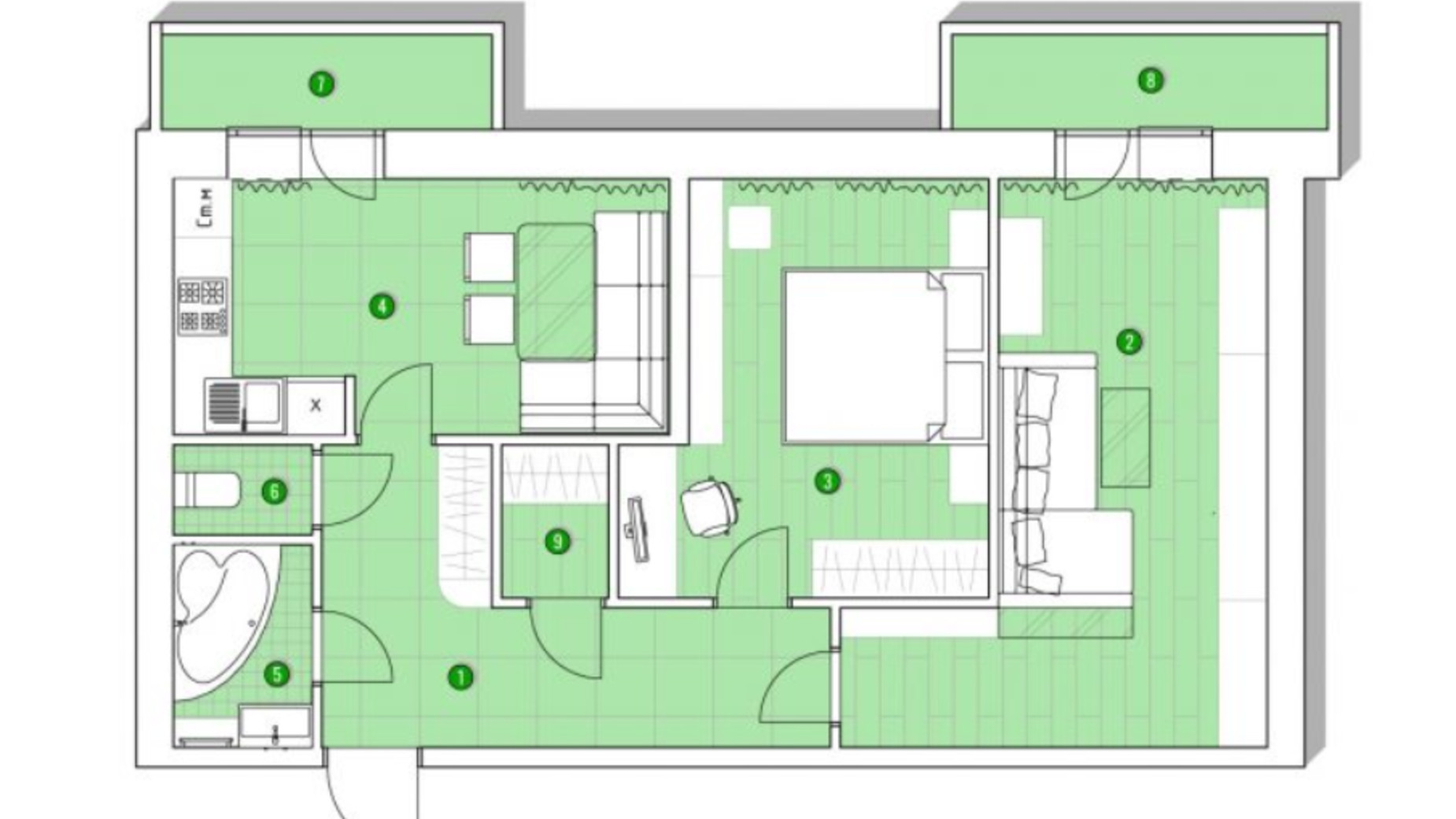 Планировка 2-комнатной квартиры в ЖК Центральный 64.61 м², фото 287985