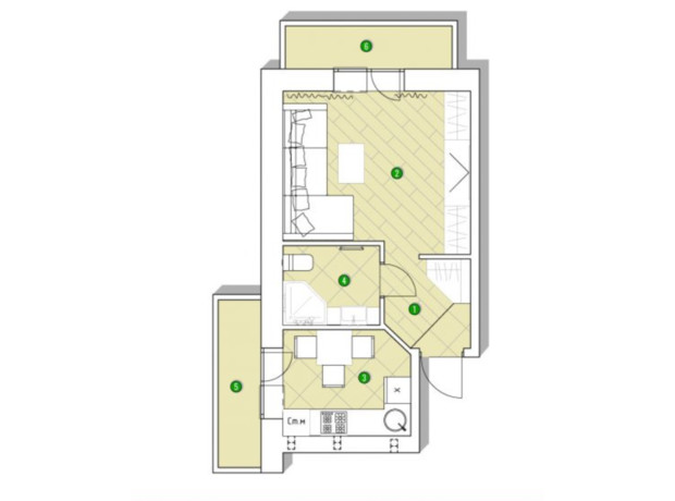 ЖК Центральний: планування 1-кімнатної квартири 32.91 м²