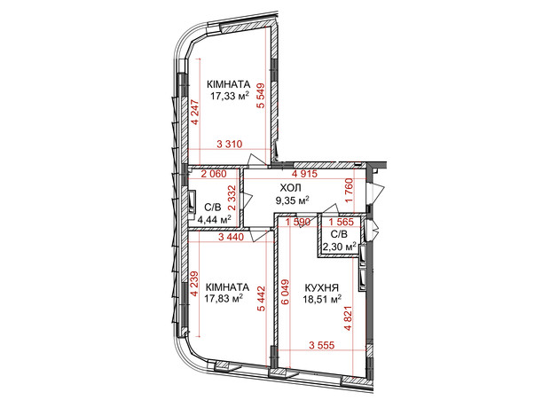 ЖК Ідеаліст: планування 2-кімнатної квартири 69.76 м²