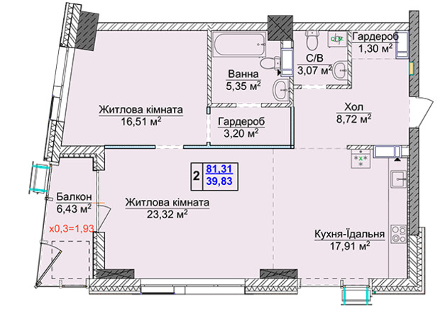 ЖК Новопечерские Липки: планировка 2-комнатной квартиры 81.31 м²