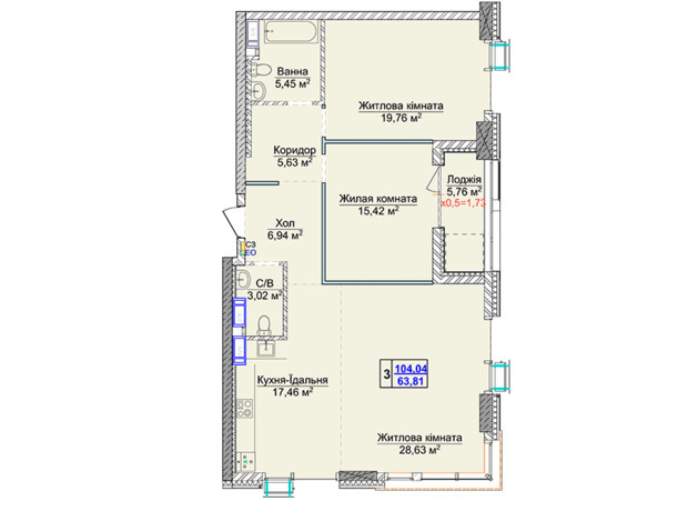 ЖК Новопечерские Липки: планировка 3-комнатной квартиры 104.04 м²