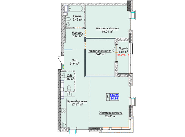 ЖК Новопечерские Липки: планировка 3-комнатной квартиры 104.39 м²