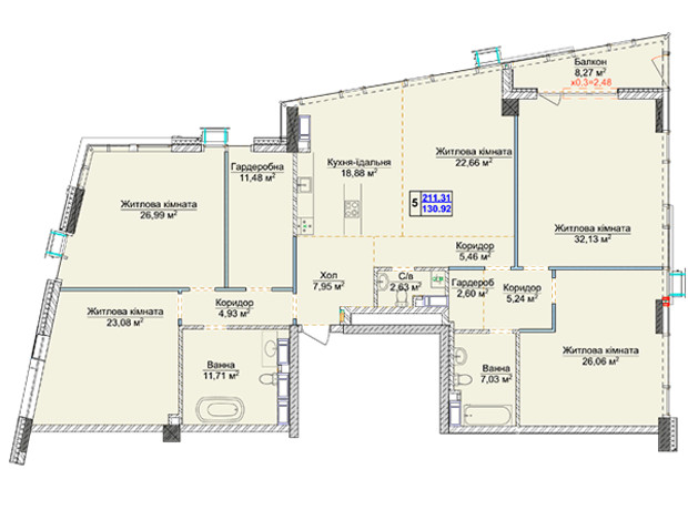 ЖК Новопечерские Липки: планировка 5-комнатной квартиры 211.31 м²