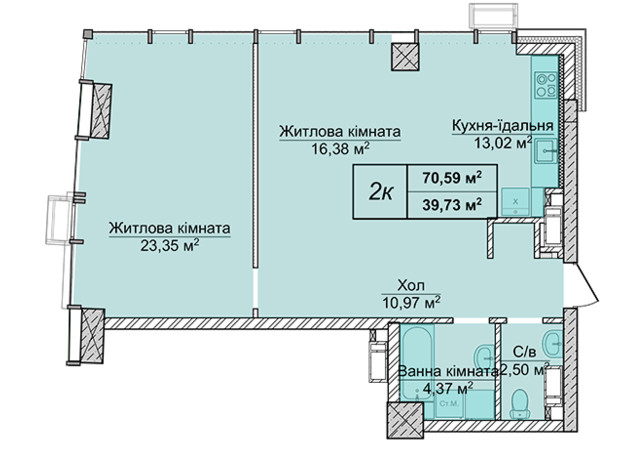 ЖК Новопечерские Липки: планировка 2-комнатной квартиры 70.57 м²