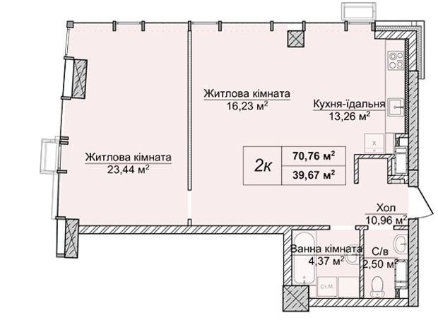 ЖК Новопечерские Липки: планировка 2-комнатной квартиры 70.76 м²