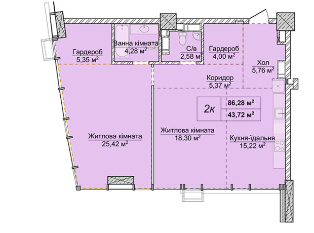 ЖК Новопечерские Липки: планировка 2-комнатной квартиры 86.28 м²