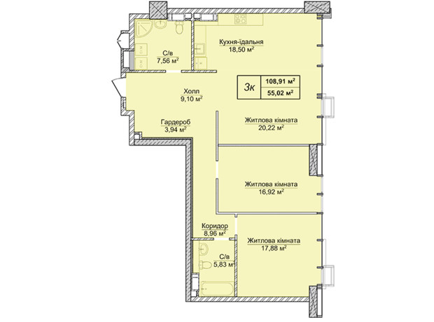 ЖК Новопечерские Липки: планировка 4-комнатной квартиры 108.91 м²