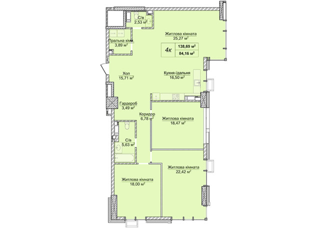 ЖК Новопечерські Липки: планування 4-кімнатної квартири 138.69 м²