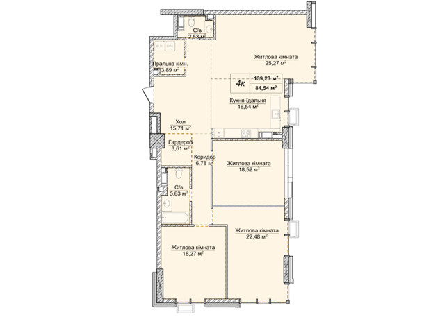 ЖК Новопечерские Липки: планировка 4-комнатной квартиры 139.23 м²