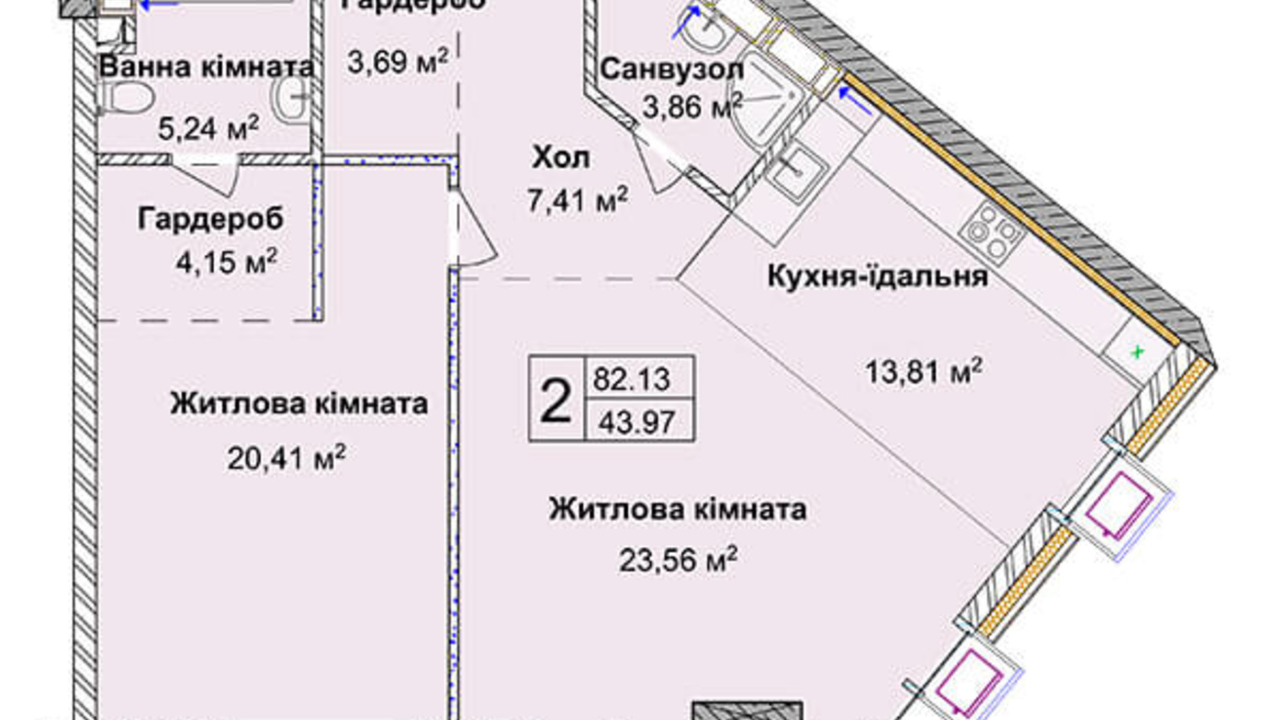 Планування 2-кімнатної квартири в ЖК Новопечерські Липки 82.13 м², фото 288181