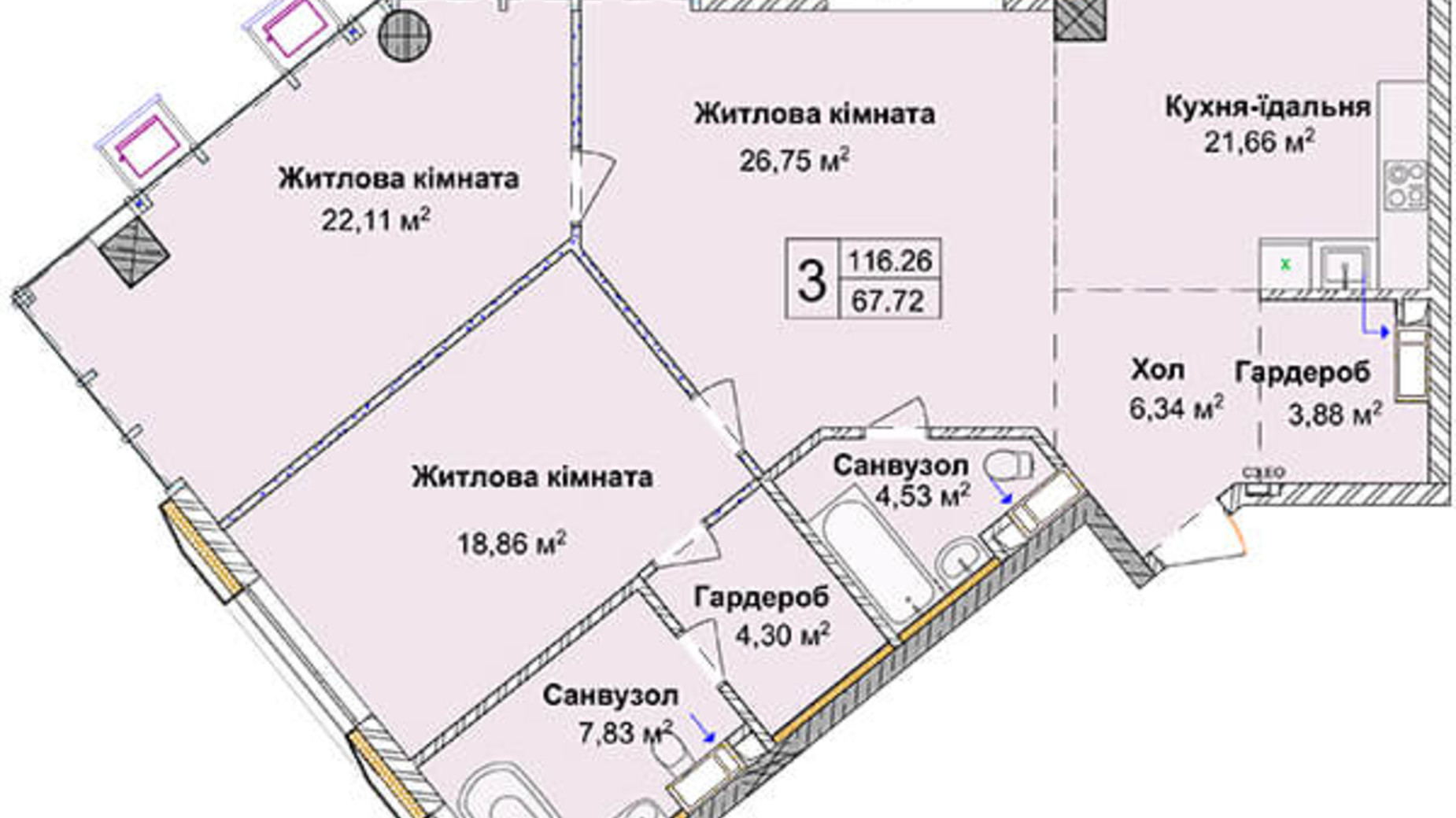 Планировка 3-комнатной квартиры в ЖК Новопечерские Липки 116.26 м², фото 288184
