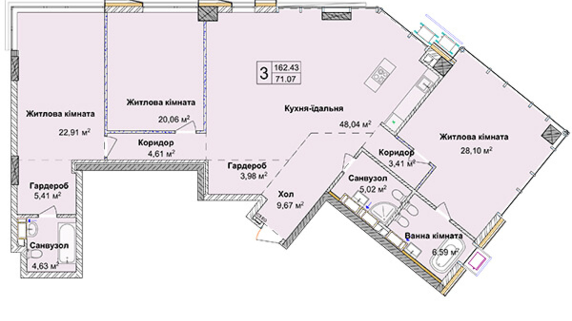 Планування 3-кімнатної квартири в ЖК Новопечерські Липки 163.38 м², фото 288185