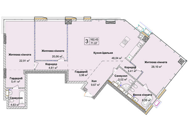 ЖК Новопечерські Липки: планування 3-кімнатної квартири 163.38 м²