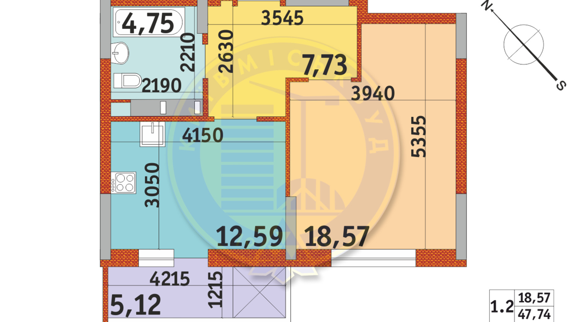 Планування 1-кімнатної квартири в ЖК Злагода 47.74 м², фото 288196