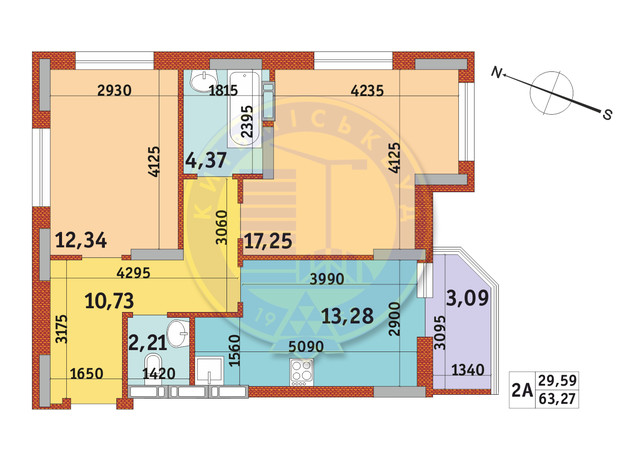 Апарт-комплекс Электриков: планировка 2-комнатной квартиры 63.27 м²