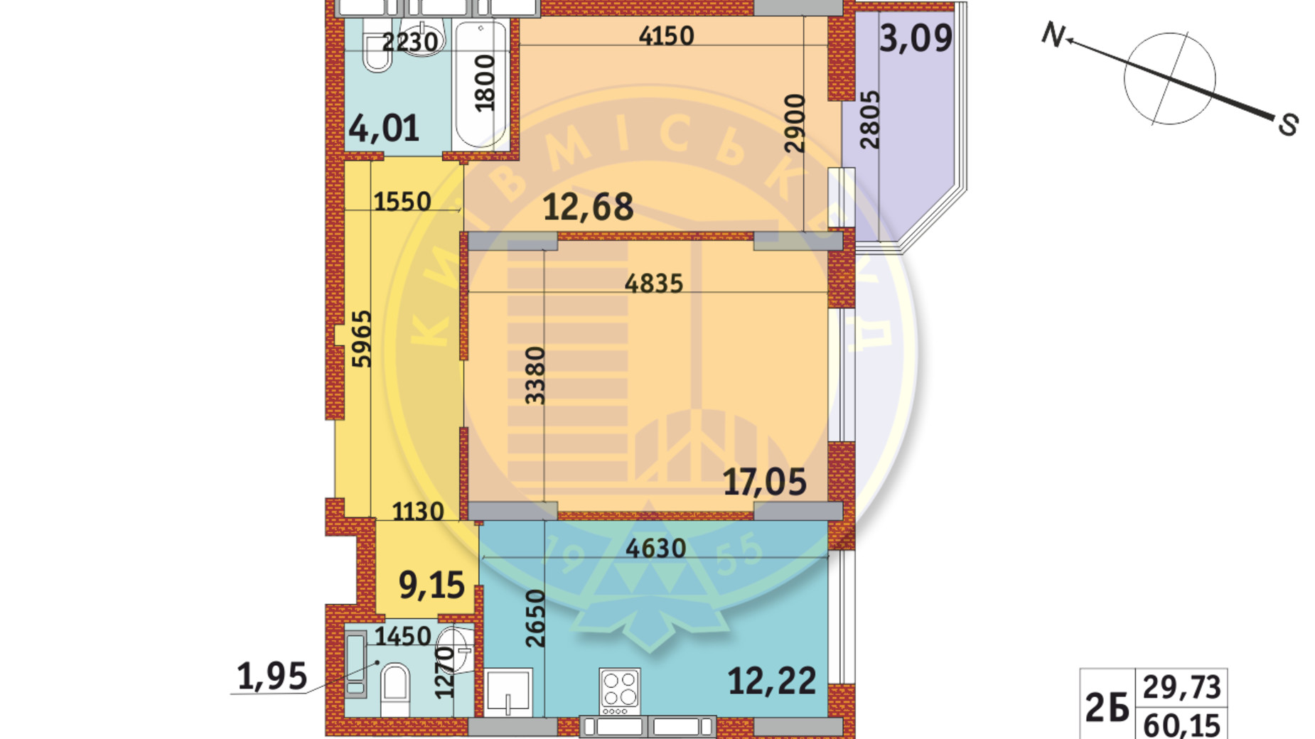 Планировка 2-комнатной квартиры в Апарт-комплекс Электриков 59.53 м², фото 288200