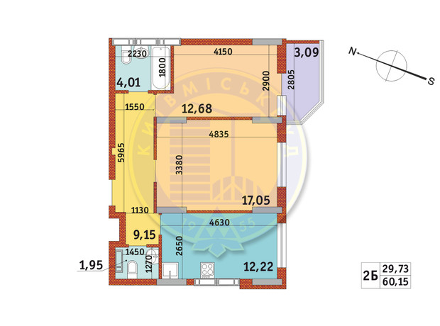 Апарт-комплекс Електриків: планування 2-кімнатної квартири 59.53 м²