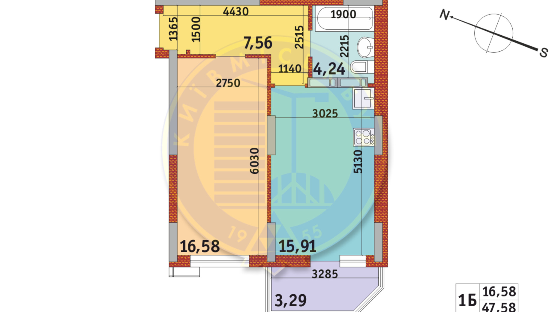 Планировка апартаментов в Апарт-комплекс Электриков 47.58 м², фото 288203