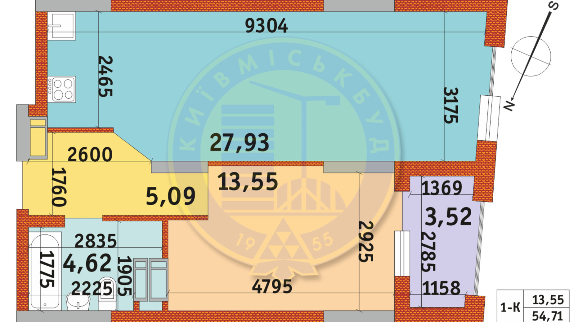 Планування 1-кімнатної квартири в ЖК Urban Park 54.71 м², фото 288207