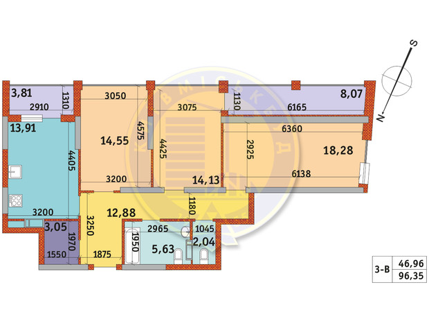 ЖК Urban Park: планировка 3-комнатной квартиры 96.35 м²