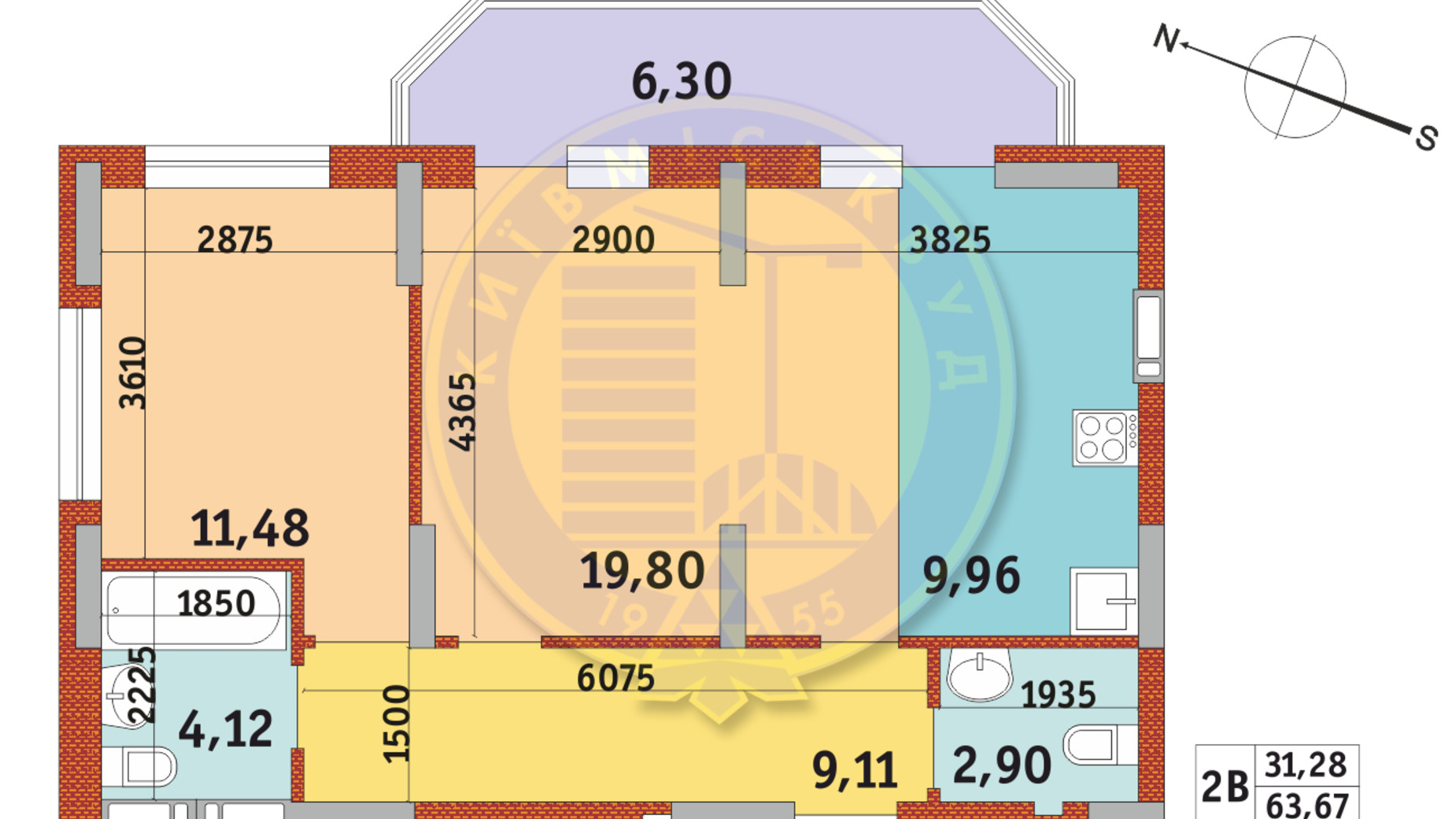 Планування апартаментів в Апарт-комплекс Електриків 63.67 м², фото 288217