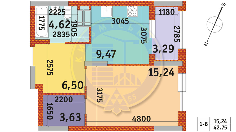 Планування 1-кімнатної квартири в ЖК Urban Park 42.75 м², фото 288227