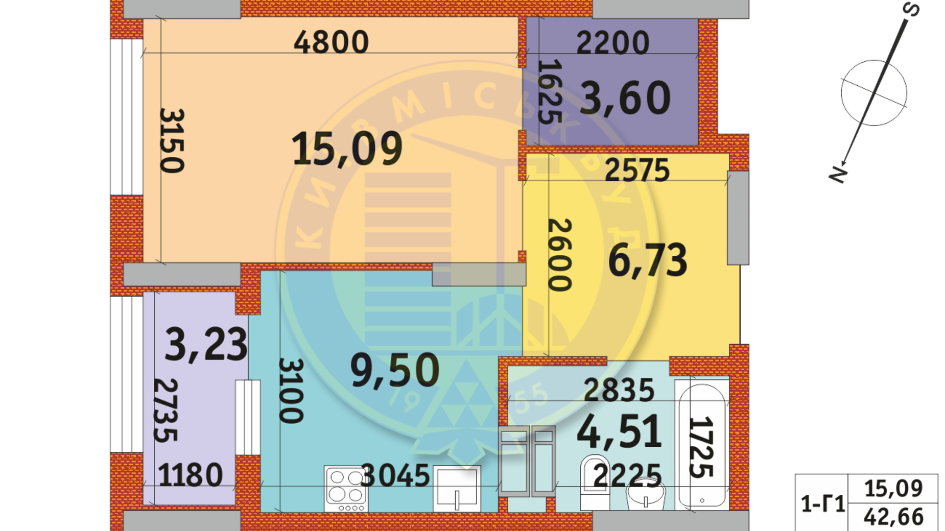 Планировка 1-комнатной квартиры в ЖК Urban Park 42.66 м², фото 288231