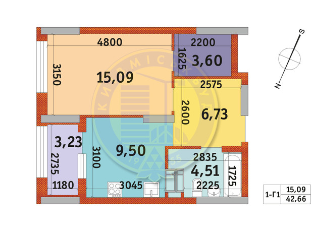 ЖК Urban Park: планування 1-кімнатної квартири 42.66 м²