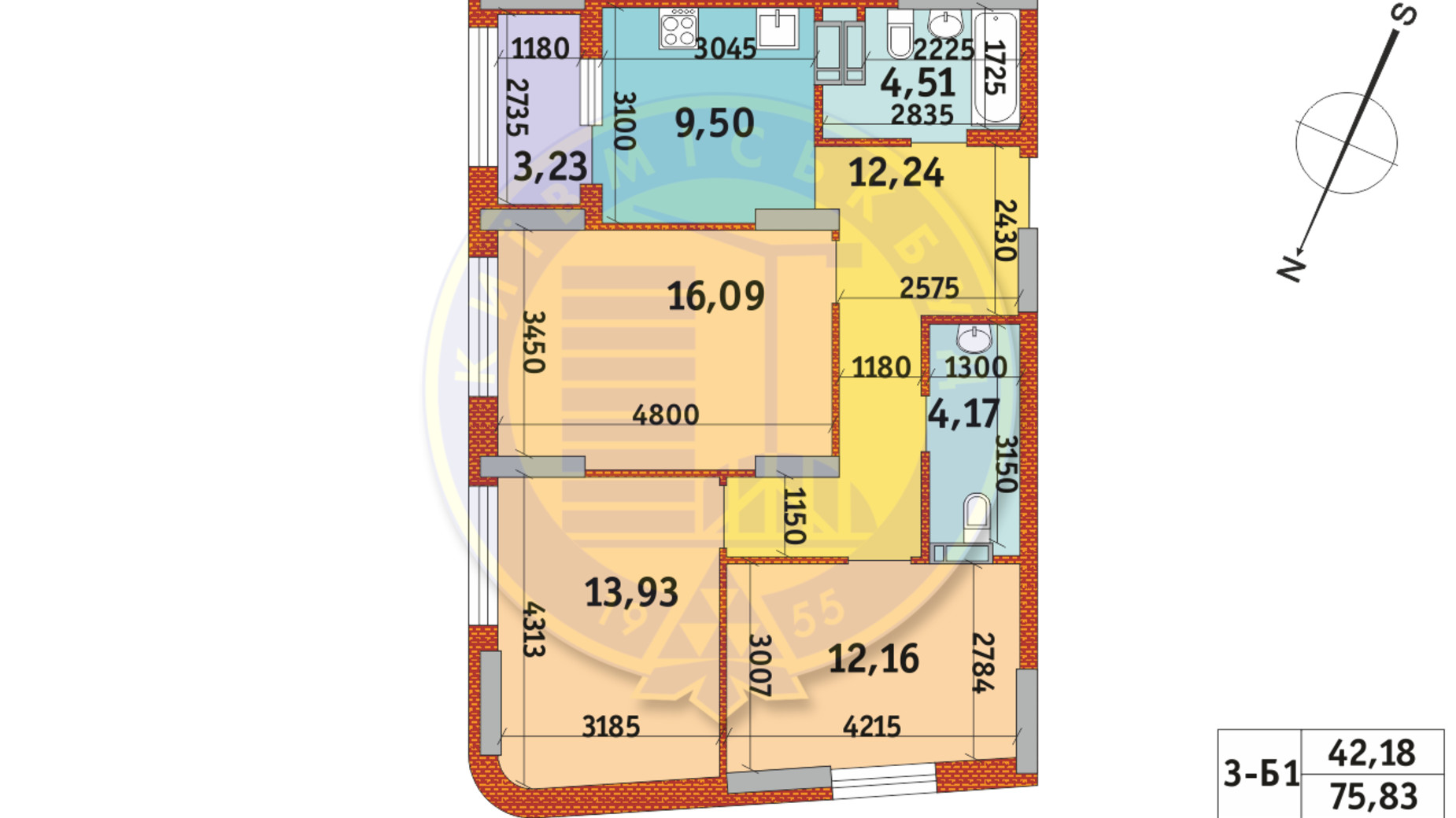 Планировка 3-комнатной квартиры в ЖК Urban Park 75.83 м², фото 288236