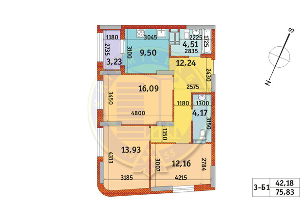 ЖК Urban Park: планировка 3-комнатной квартиры 75.83 м²