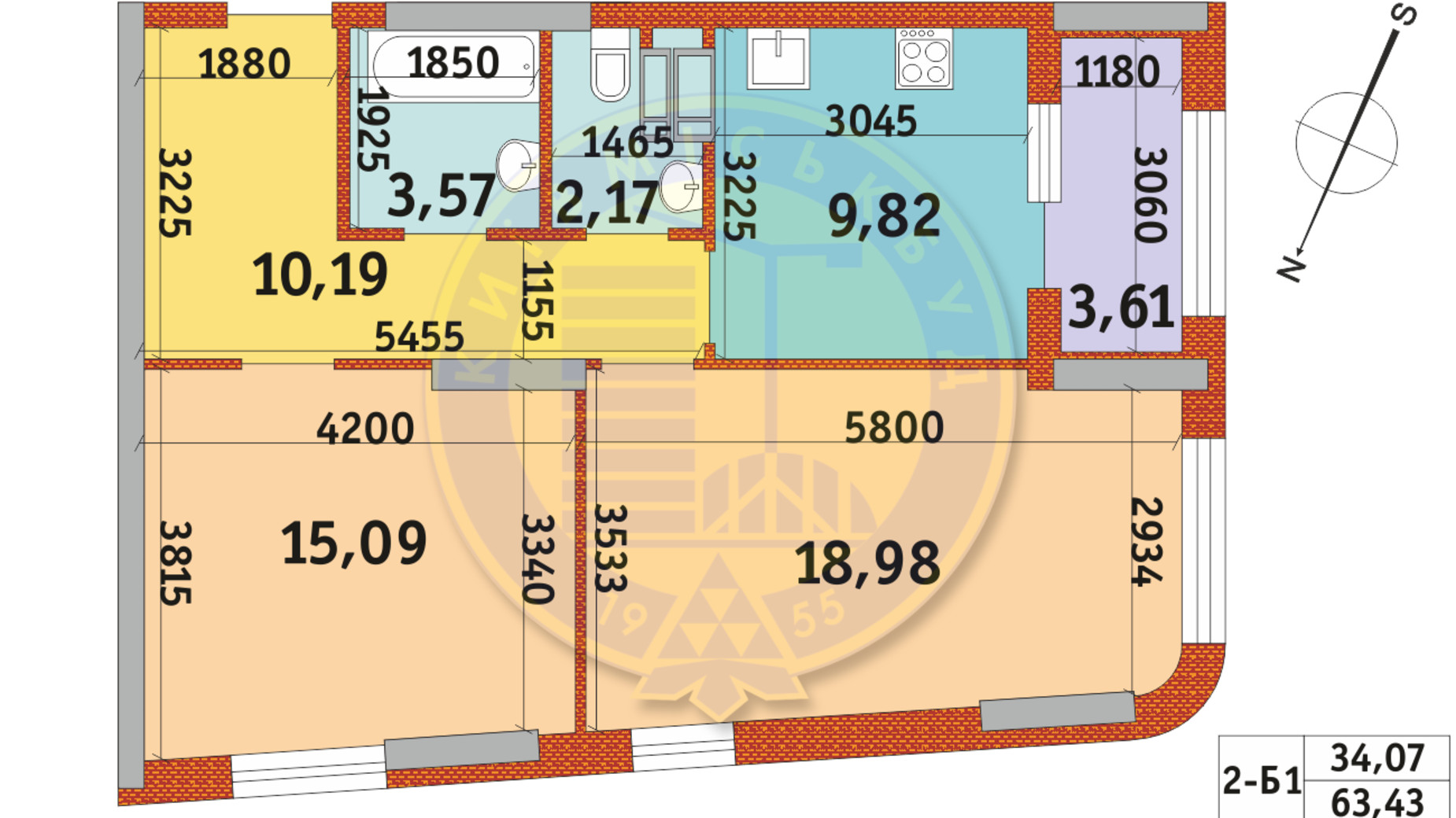 Планування 2-кімнатної квартири в ЖК Urban Park 63.43 м², фото 288237