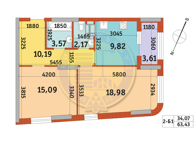 ЖК Urban Park: планировка 2-комнатной квартиры 63.43 м²