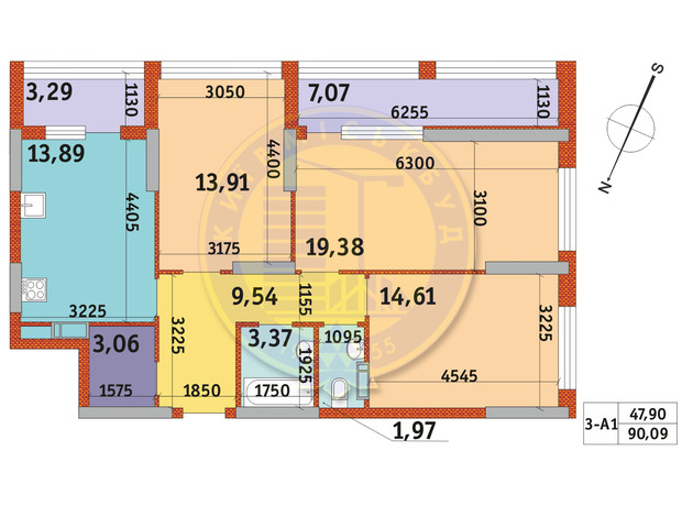 ЖК Urban Park: планировка 3-комнатной квартиры 90.09 м²