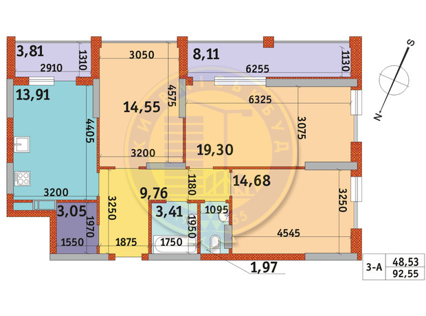 ЖК Urban Park: планування 3-кімнатної квартири 92.55 м²